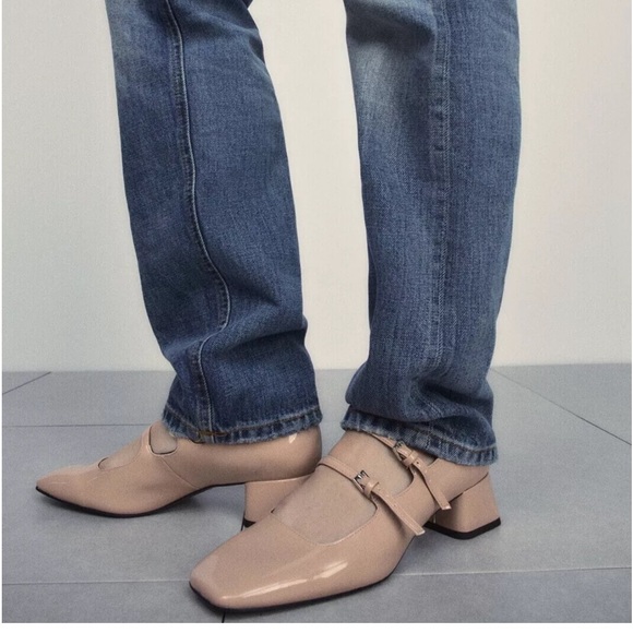 Zara NWT Beige tan multi strap square toe patent Mary Jane block heels - Picture 8 of 9